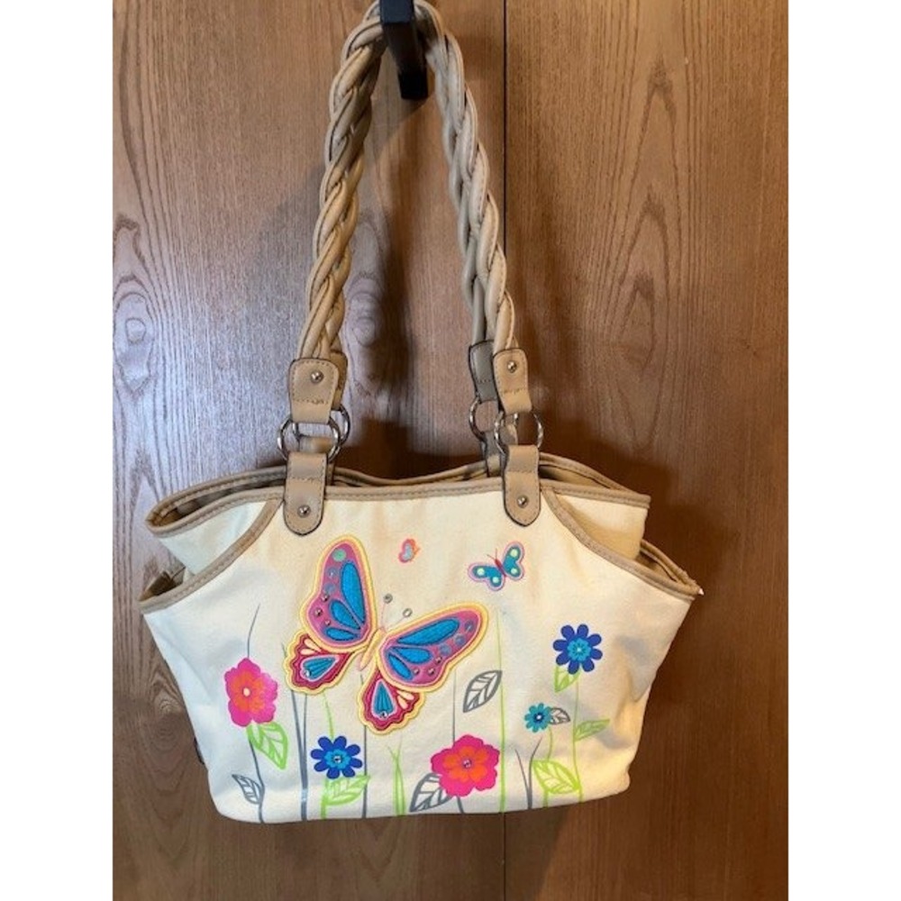 Rosetti Embroidered Butterfly Floral Rhinestone Handbag/Purse Braided Handle